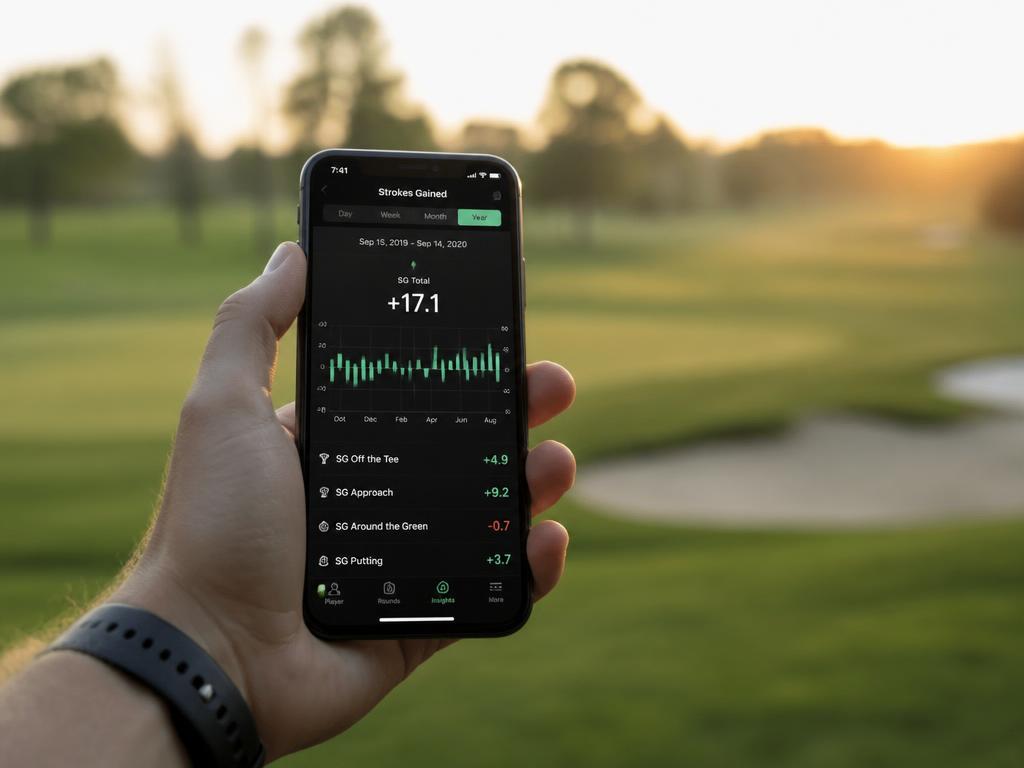 Mobile phone showing golf analytics and strokes gained data