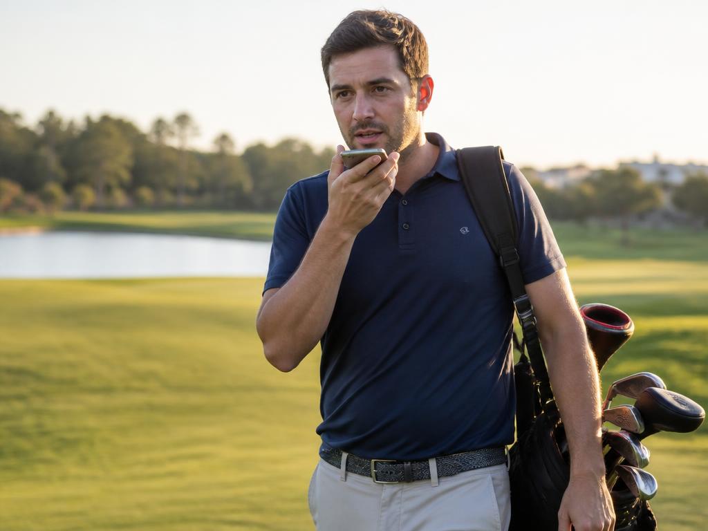 Golfer speaking into a smartphone using an AI voice golf coach