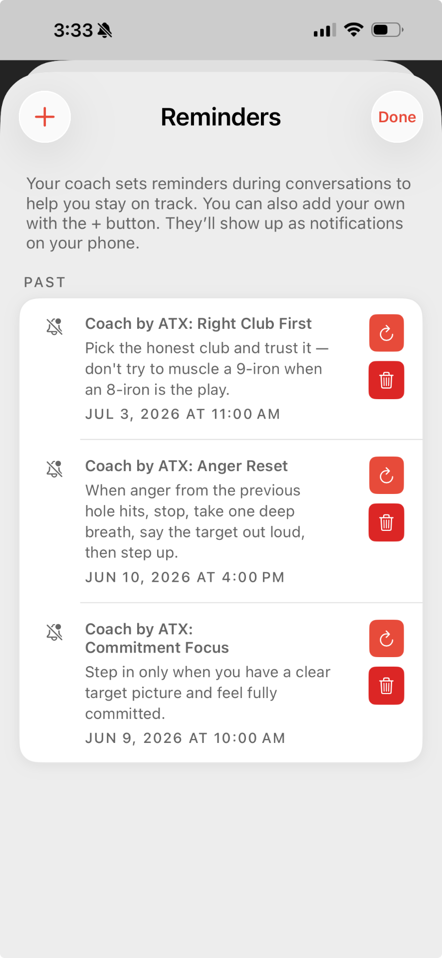 Coach by ATX iPhone app — Round planning & follow-up screen