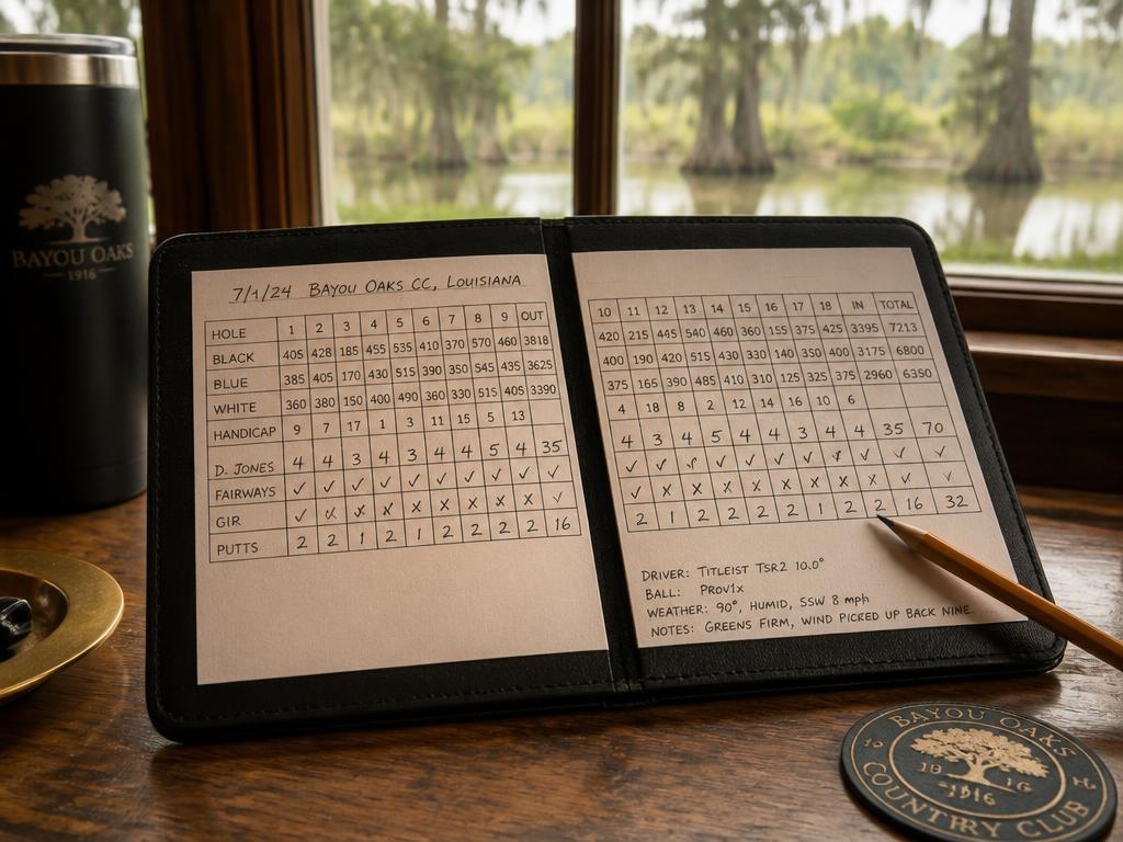 Handwritten golf scorecard and yardage book from the early paper-based stats era