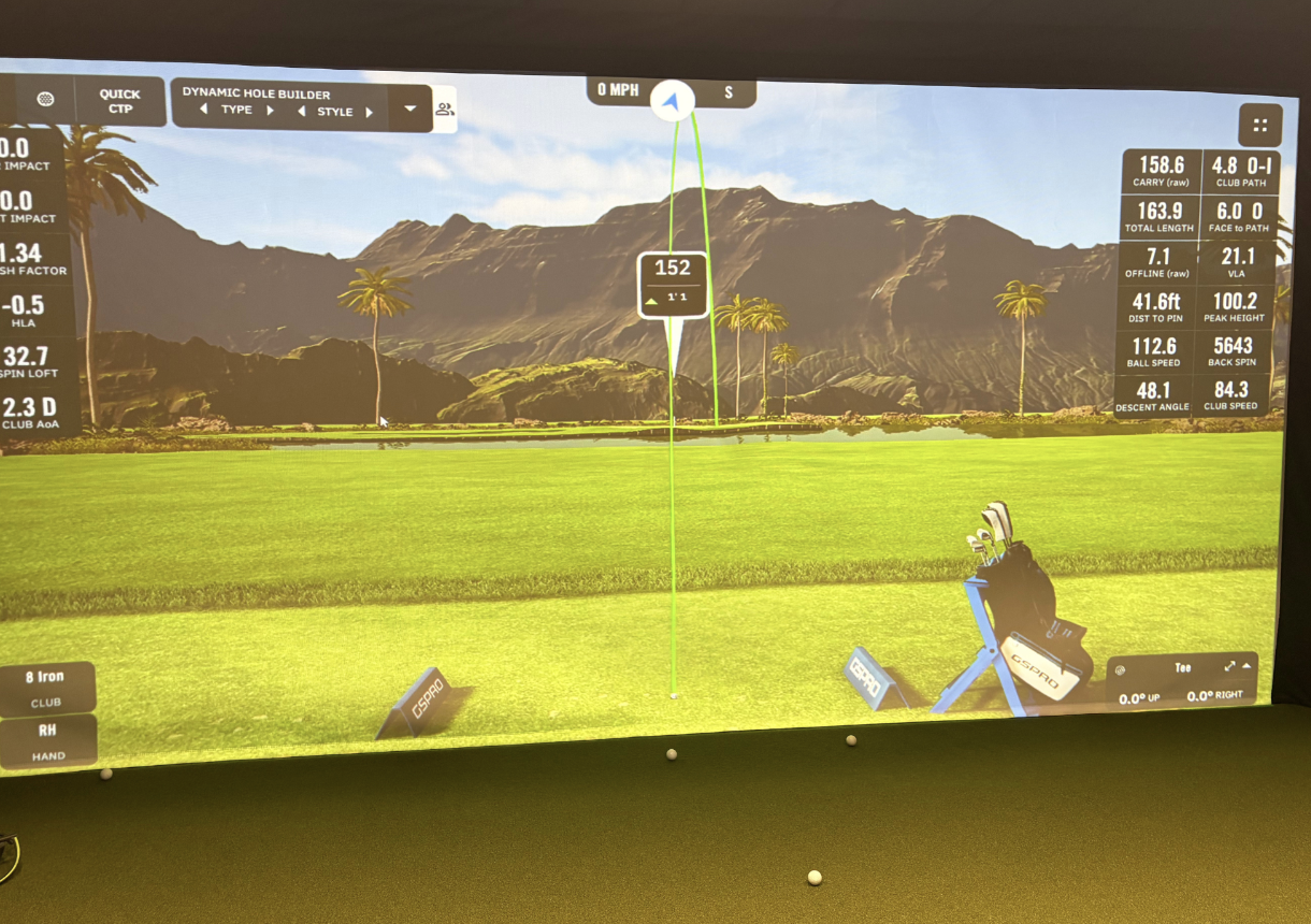 Launch monitor ball flight and club delivery numbers on the simulator screen at ATX Golf Performance in Austin