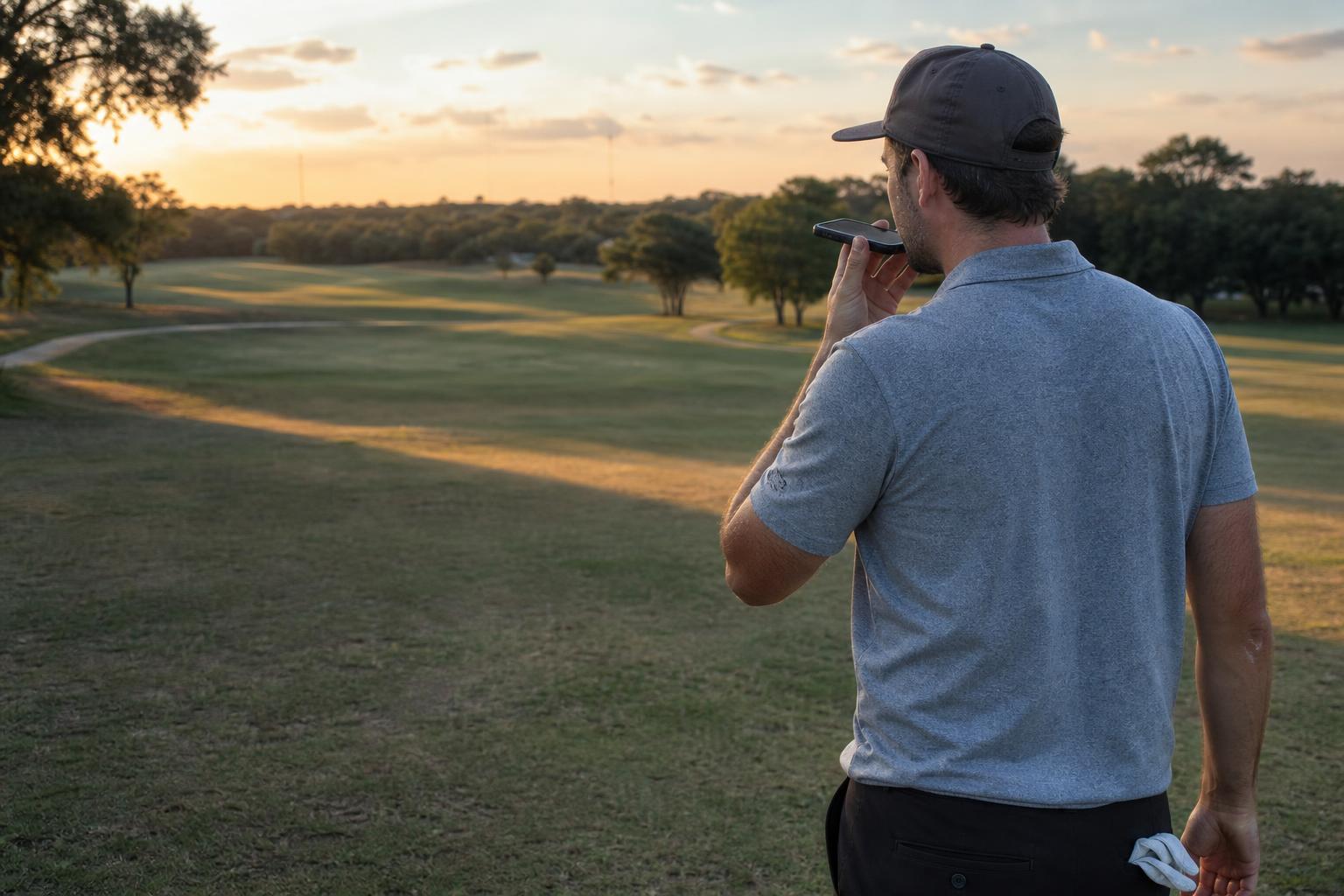 Golfer walking an Austin golf course at sunset, talking into his phone from behind